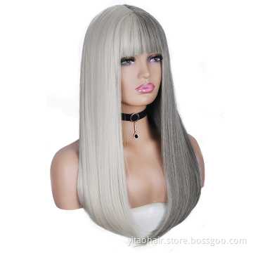 Wholesale Gray and Platinum Blonde Wig With Bangs Long Straight Synthetic Women's Hair Two-Color Half-Gray Cosplay Party
